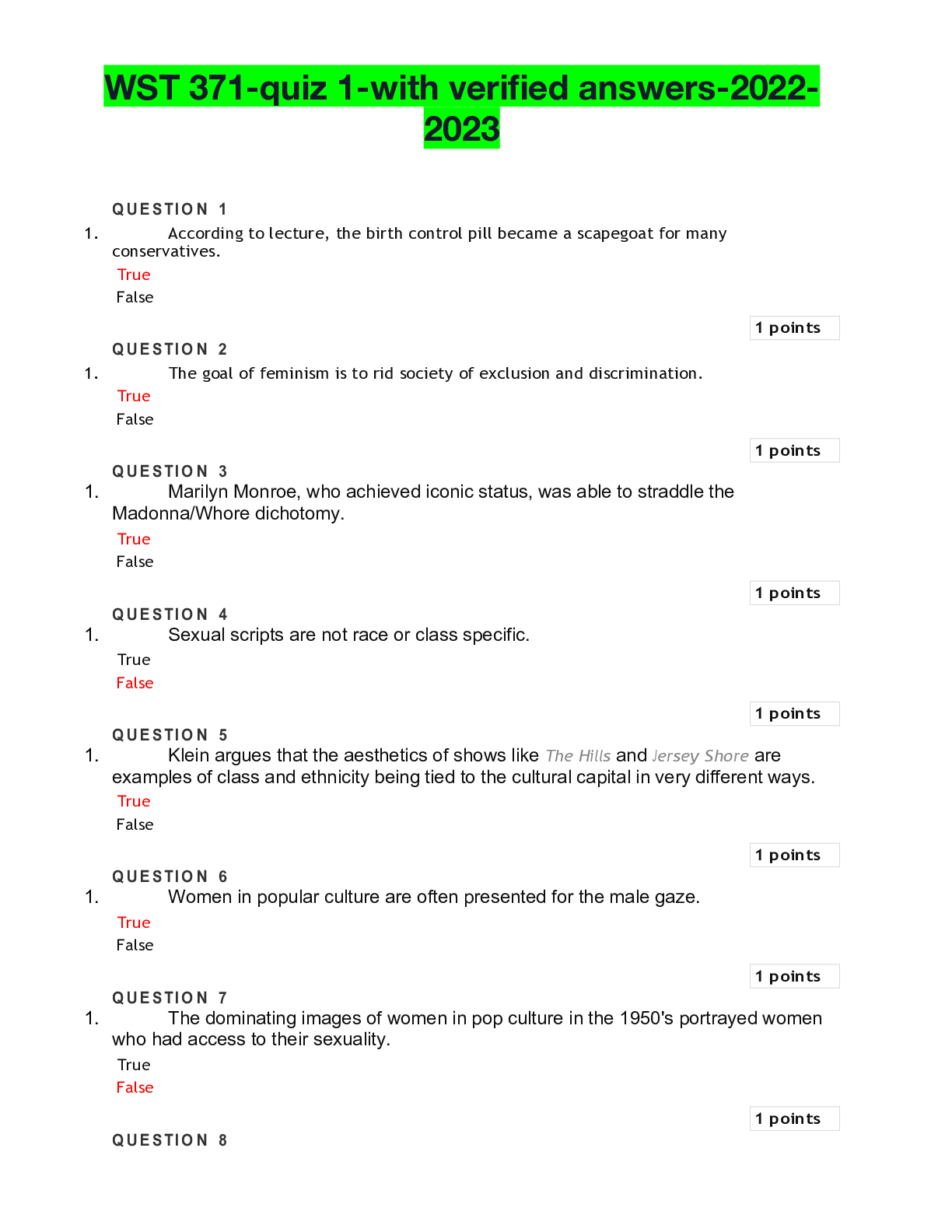 Preview of WST 371-quiz 1-with verified answers-2022-2023